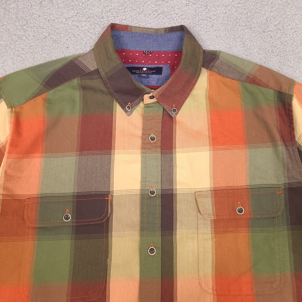 Argyleculture Russell Simmons Shirt Mens XL Plaid Button Down Orange Green Multi